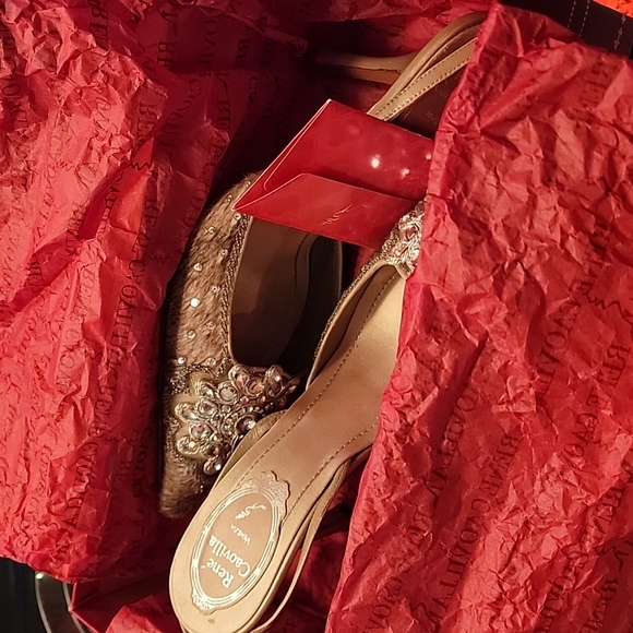 RENE' CAOVILLA  beige leather satin pony hair rinestones  sz 36.5  kitten heels - Picture 10 of 13